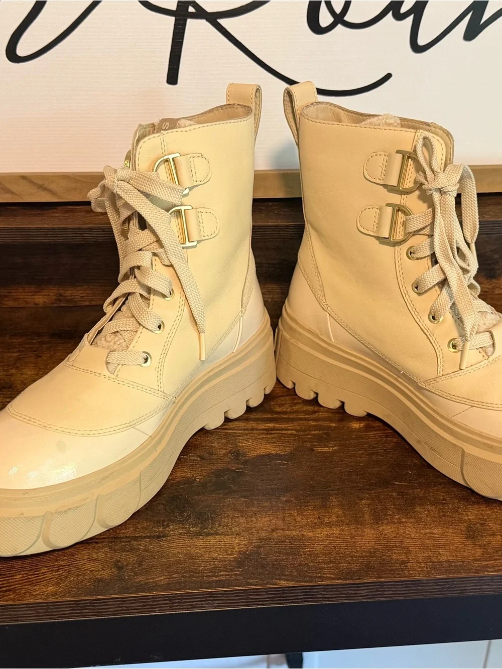 Sorel Cream Lace-Up Platform Combat Boots
